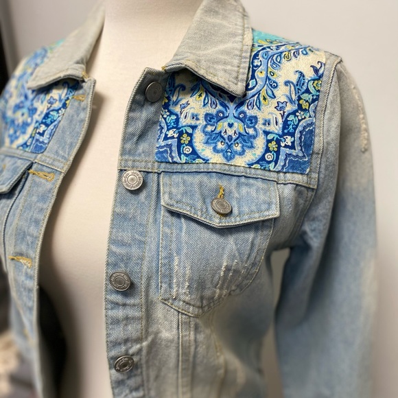 Handmade Denim Jean Jacket Size XS Crystals Beads - Picture 9 of 9
